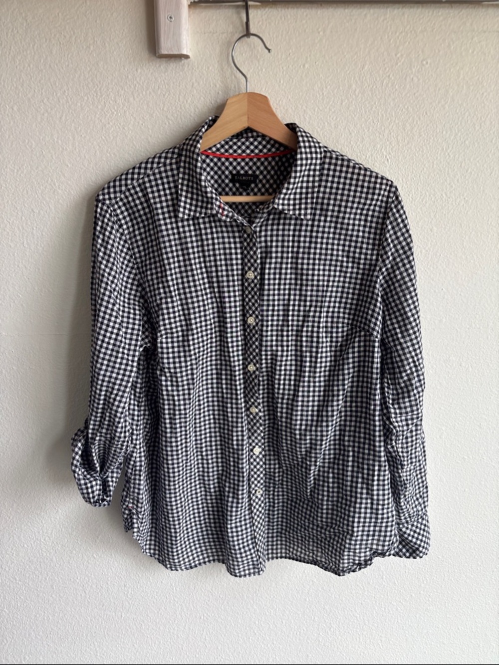 TALBOTS Shirt Gingham Navy White Lightweight Button Roll Tab XL